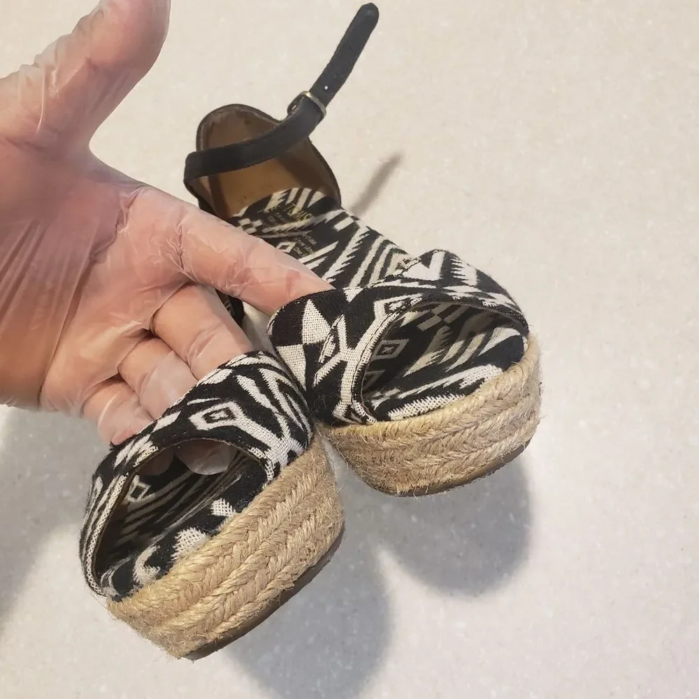 Toms Women's Madelyn Woven Platform Espadrille Wedge Sandals Black Size 6W
